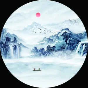 新中式水墨红日山水花鸟背景图蓝色轻奢山水画客厅卧室装饰画预览图