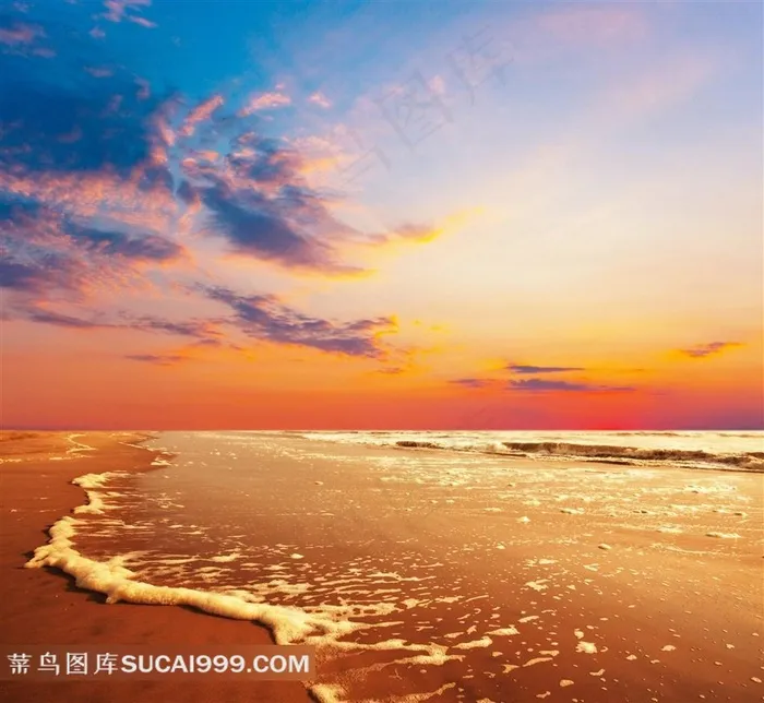 绚丽唯美天空云朵橙色海滩海水高清图片