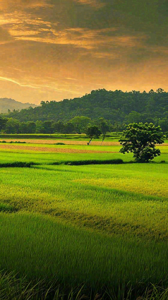 春天落日温馨稻草水稻农田种植，小满芒种摄影图
