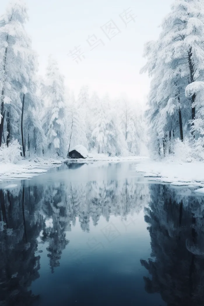 雪天森林深处的湖边小木屋摄影图
