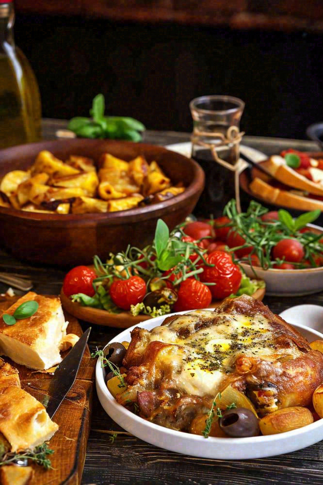 美食餐桌餐厅，烤肉披萨西餐水果红酒摄影图