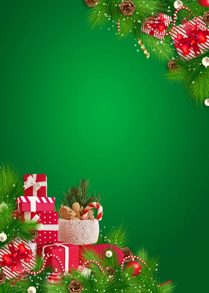 圣诞节礼盒松叶绿色背景