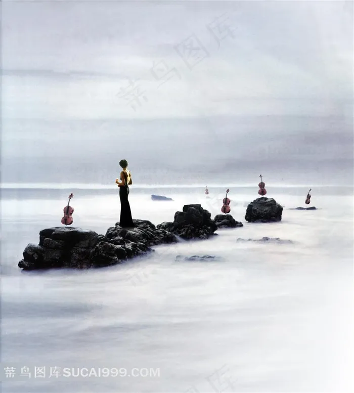 创意广告图片-雾海中站在石头上穿着黑色晚礼服的少女和5把小提琴