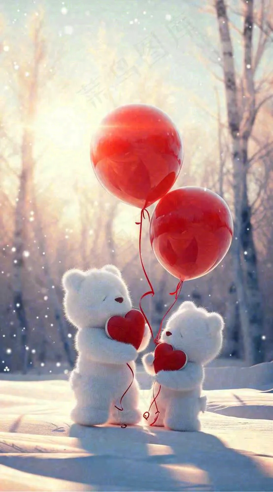 冬天雪地可爱小熊爱情情侣温馨，情人节520爱心摄影图