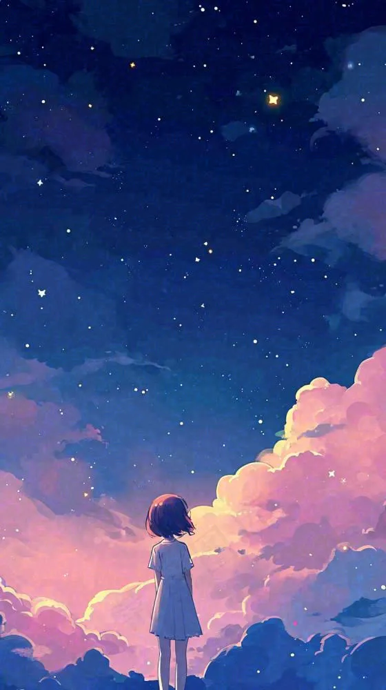 闪烁夜晚浪漫少女仰望星空粉紫色，银河月亮