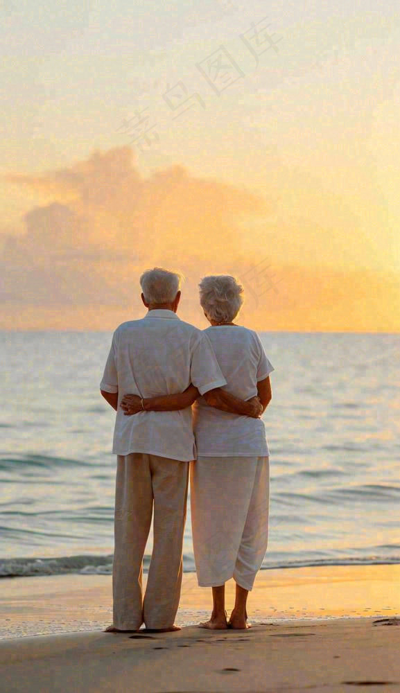 落日下老年人父母陪伴爱情，情人节温馨浪漫摄影图