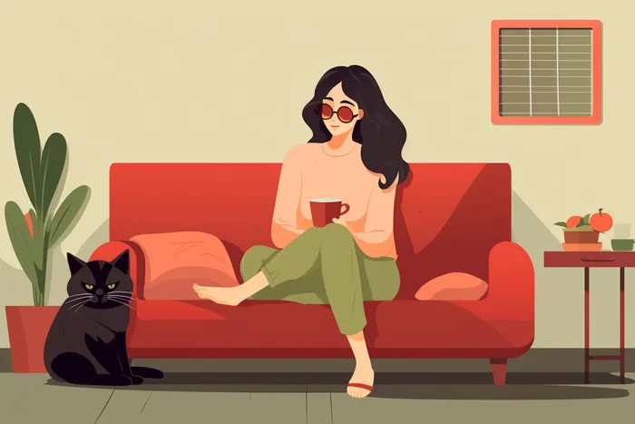 女孩坐着客厅沙发猫咪卡通插画