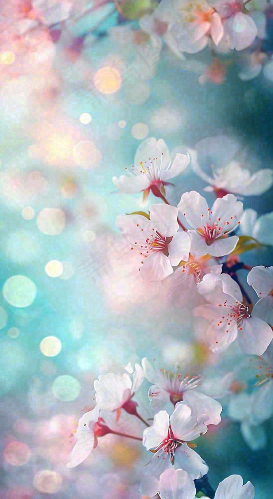 春天枝条上开满花朵，春分摄影图