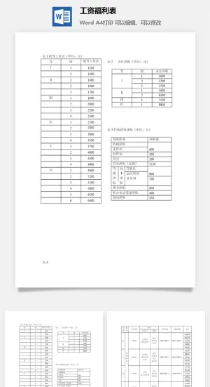 工资福利表word模板预览图