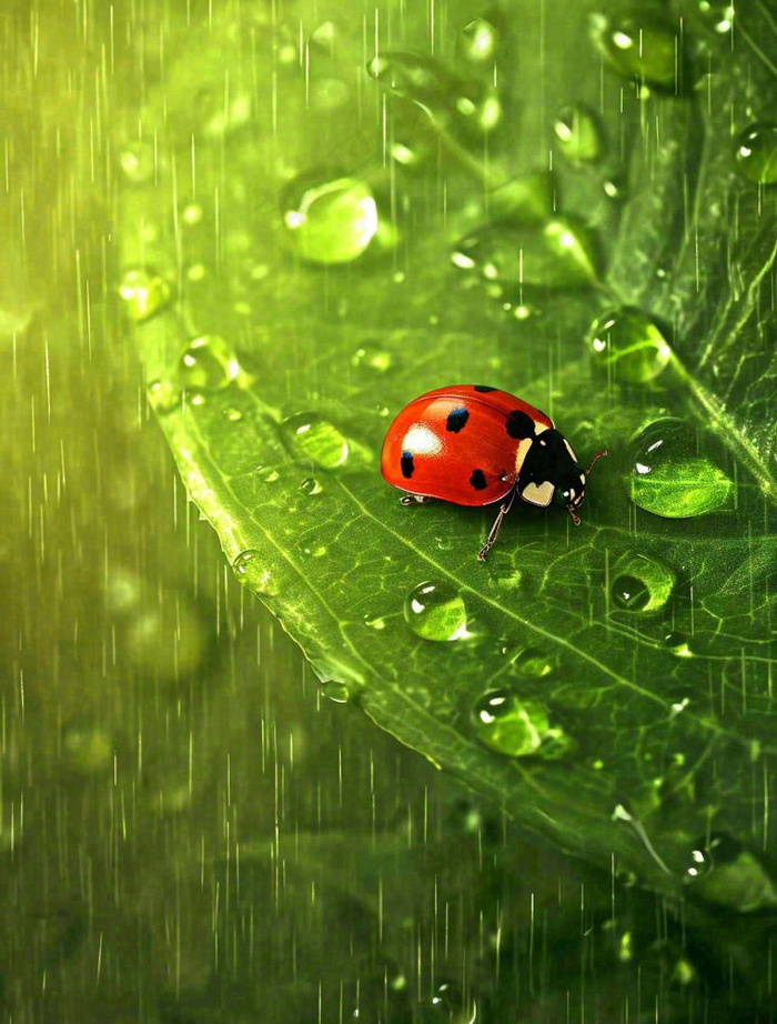 下雨，绿色树叶上，七星瓢虫，雨水，惊蛰，谷雨，春天摄影图