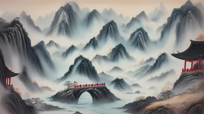 大气写意中国传统工笔画山水插画壁纸-拱桥