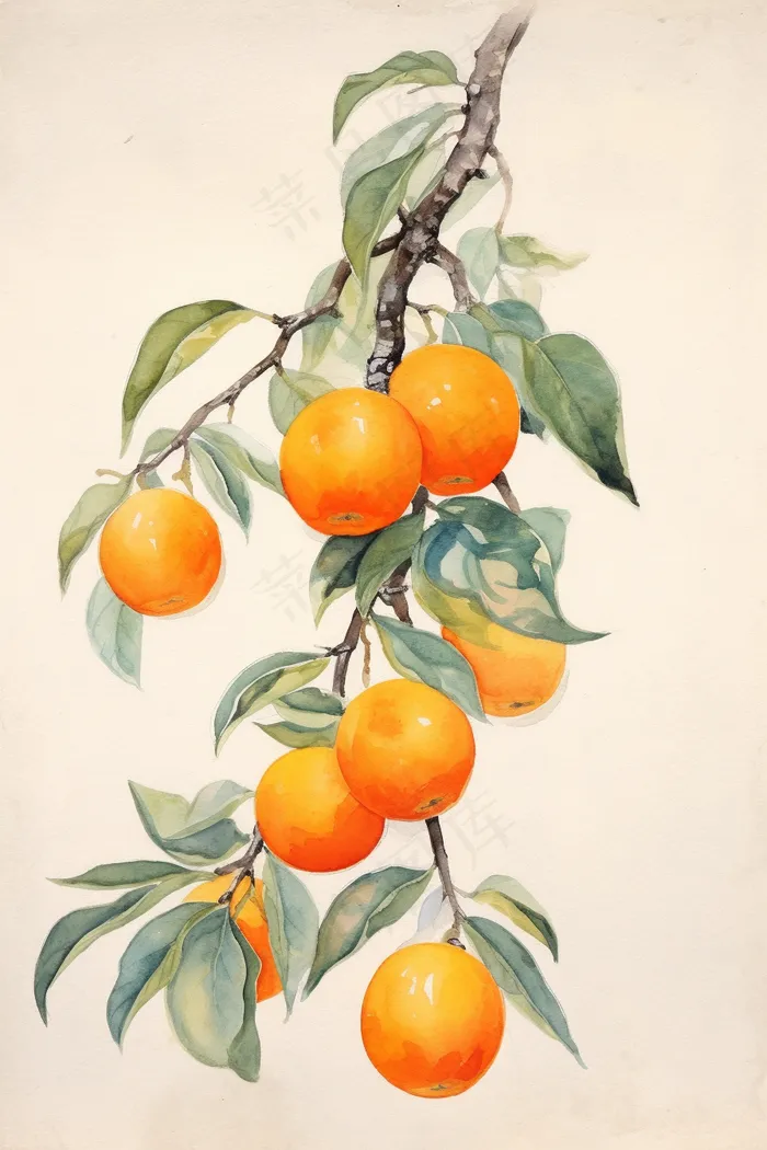 橘子树枝水彩插画素材 
