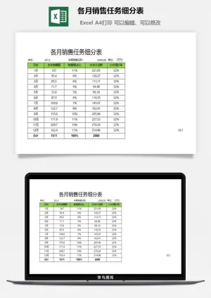 各月销售任务细分表excel模板预览图