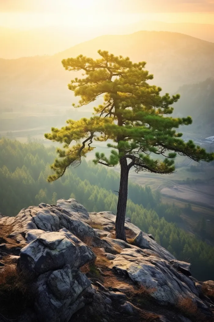 高山悬崖上的松树摄影图