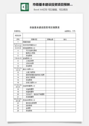 市级基本建设投资项目预算表excel模板预览图