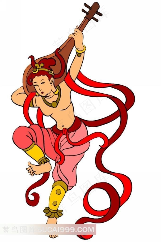 反弹琵琶舞蹈的飞天插画 - 菜鸟图库