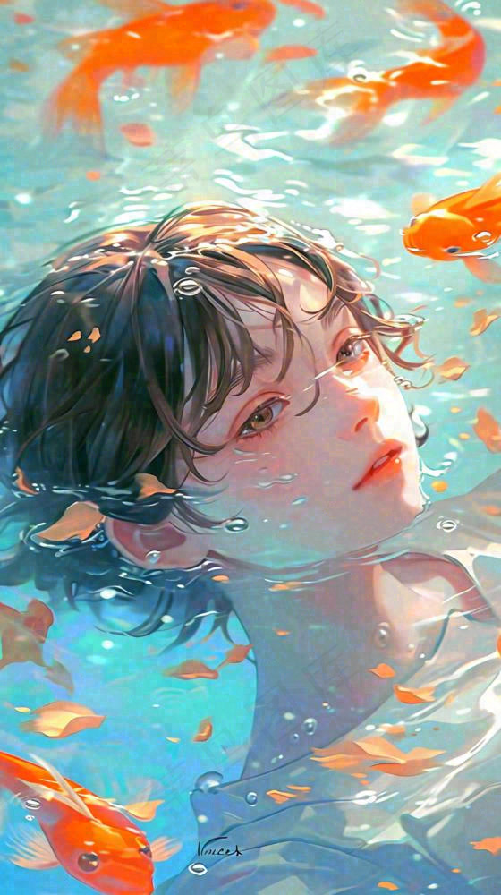 阳光泳池游泳人物男女，金鱼水面海上，反光色彩摄影图