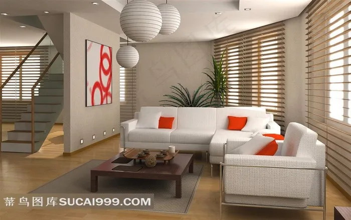 室内装饰设计-简洁客厅布艺沙发和吊灯