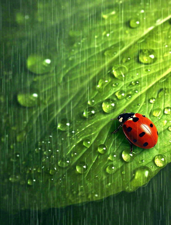 下雨，绿色树叶上，七星瓢虫，雨水，惊蛰，谷雨，春天摄影图