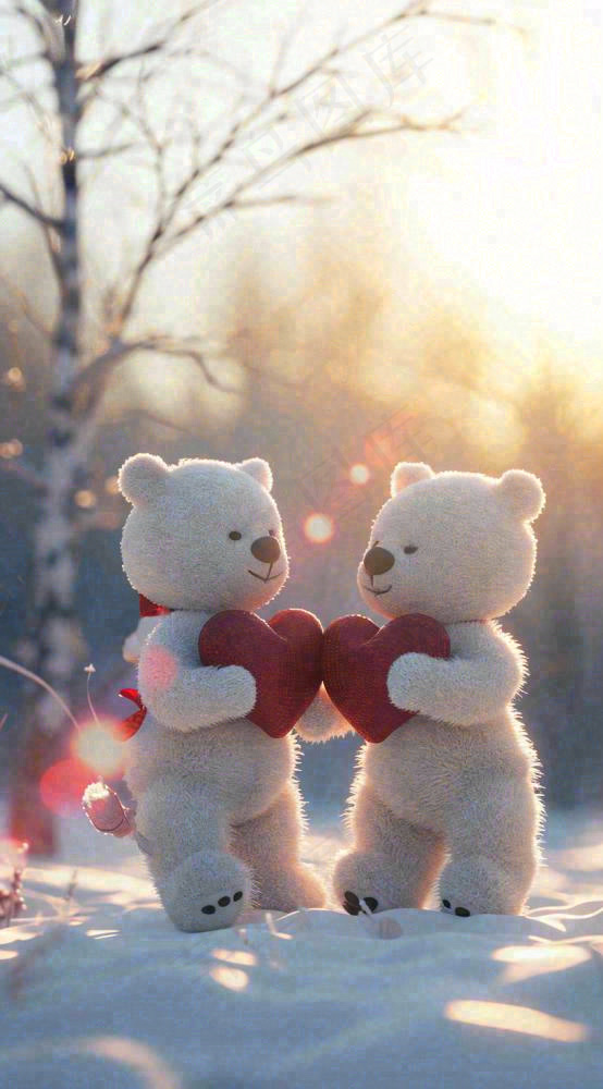 冬天雪地可爱小熊爱情情侣温馨，情人节520爱心摄影图