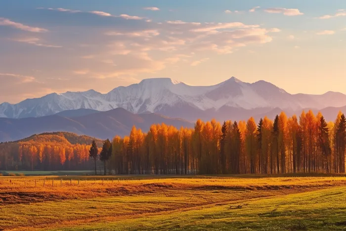 秋天高原雪山山脉黄色森林草原摄影图