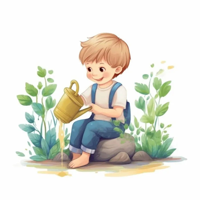 春夏小男孩在给绿植植物浇水插画海报素材背景