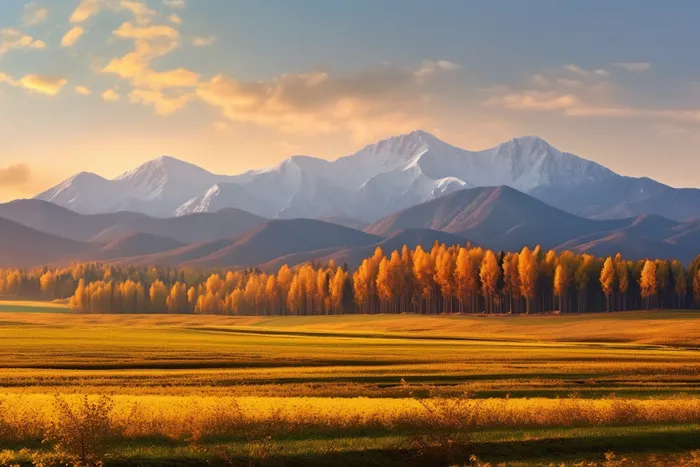 秋天高原雪山山脉黄色森林草原摄影图
