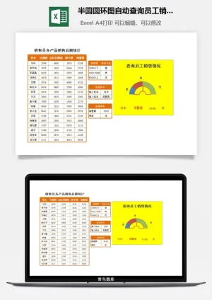 半圆圆环图自动查询员工销售成绩excel模板预览图