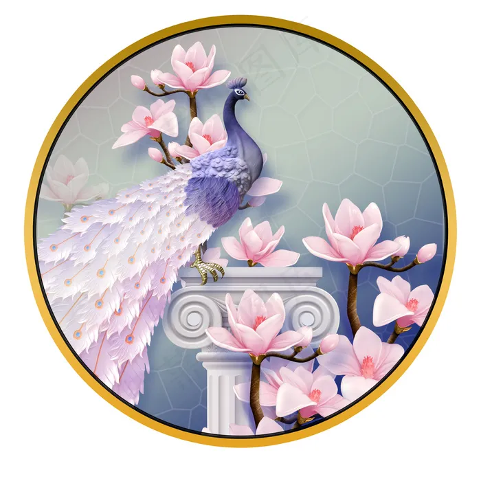 新中式孔雀山水花鸟背景图蓝色轻奢山水画客厅卧室装饰画