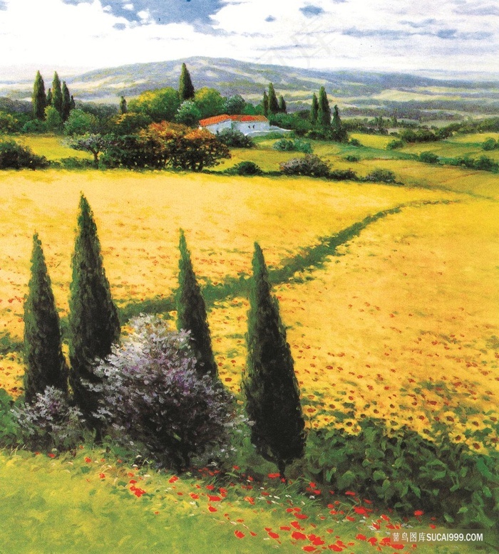 草地树木风景画油画