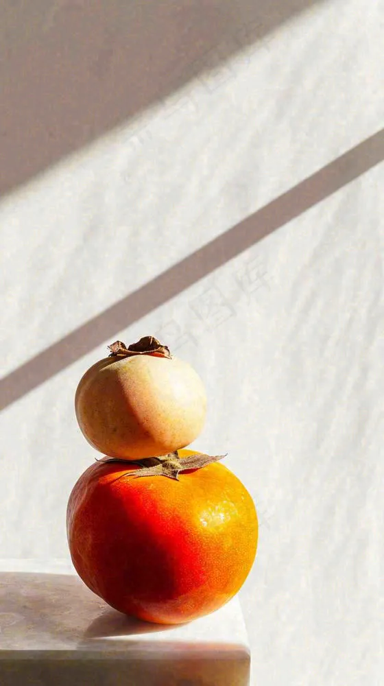 水果柿子苹果番茄芒果光影摄影，简约白色
