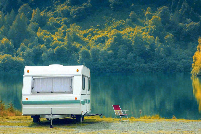 野外露营湖边停着一辆房车，野餐，春游摄影图