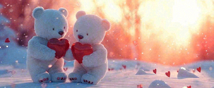 冬天雪地落日下爱情小熊，浪漫雪花情人节520爱情气球摄影图