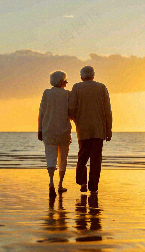 落日下老年人父母陪伴爱情，情人节温馨浪漫摄影图