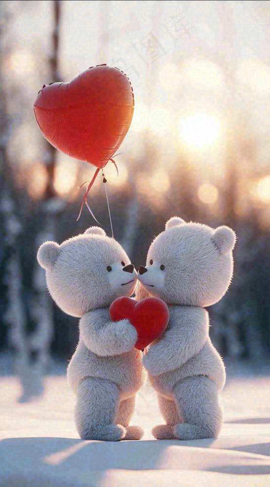冬天爱心气球小熊浪漫情人节情人温馨，冬至小雪大雪摄影图