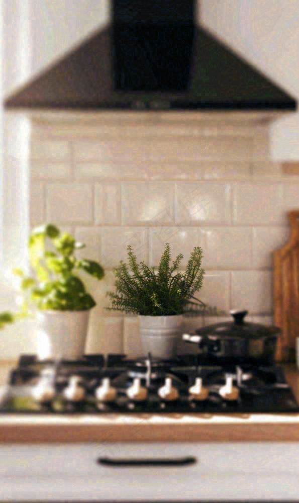 现代简约厨房朦胧摄影厨具家具摄影图