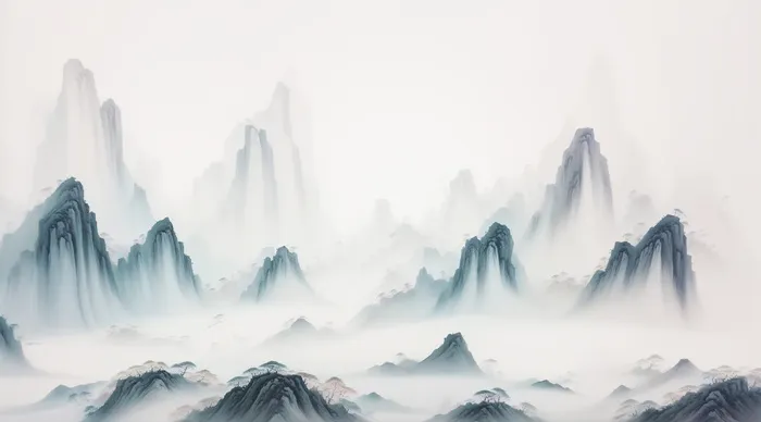 大气写意中国传统水墨画山水插画壁纸-轻