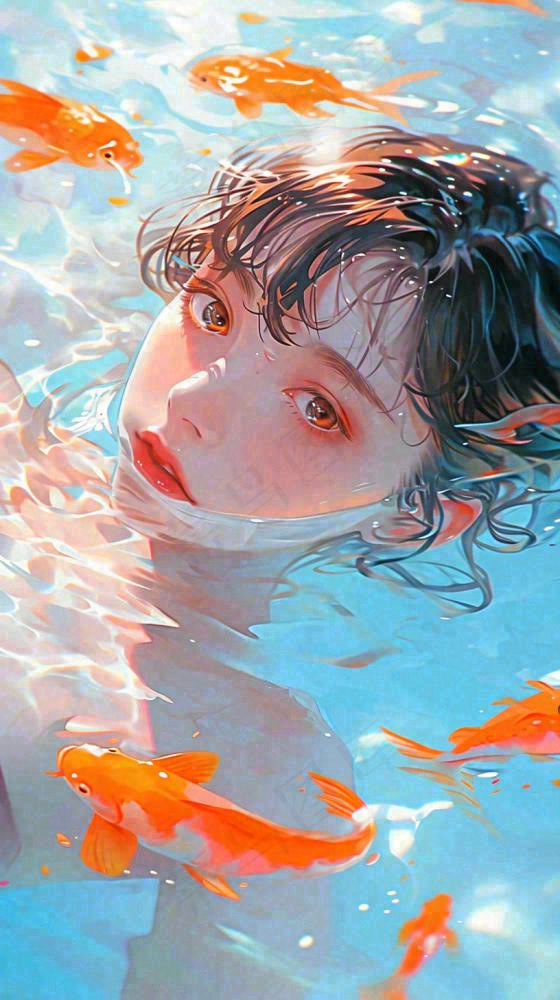 阳光泳池游泳人物男女，金鱼水面海上，反光色彩摄影图