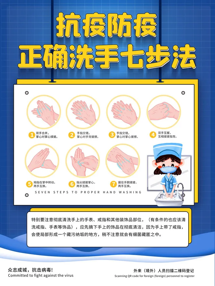 卡通新冠疫情防疫七步洗手法海报