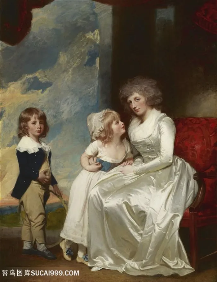 欧洲宫廷白色裙子母亲和孩子油画