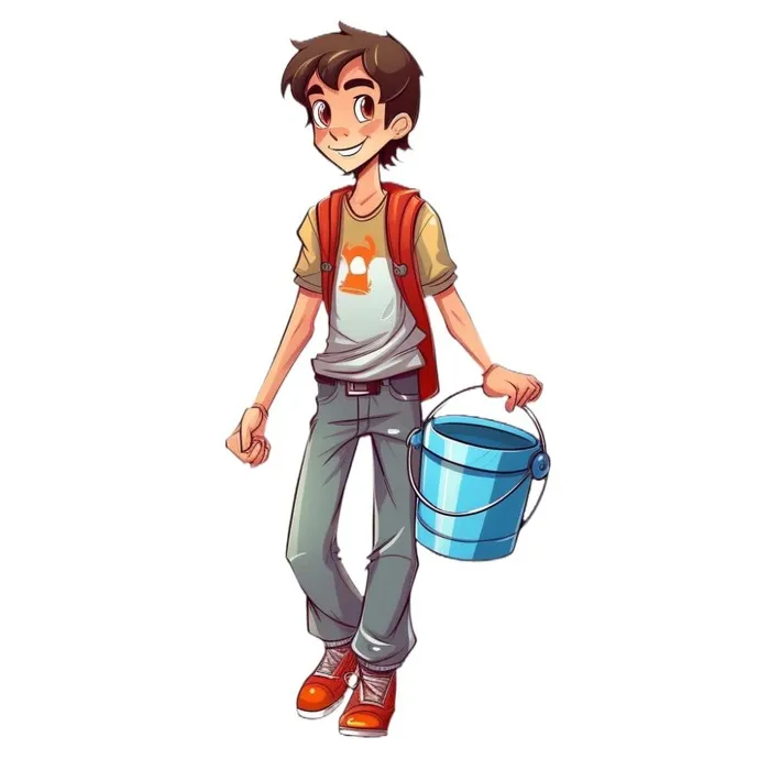 小男孩拿着水壶水桶浇水绿植草人物插画免抠