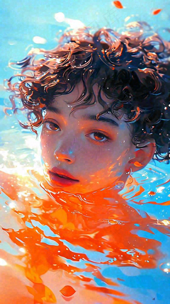 阳光泳池游泳人物男女，金鱼水面海上，反光色彩摄影图