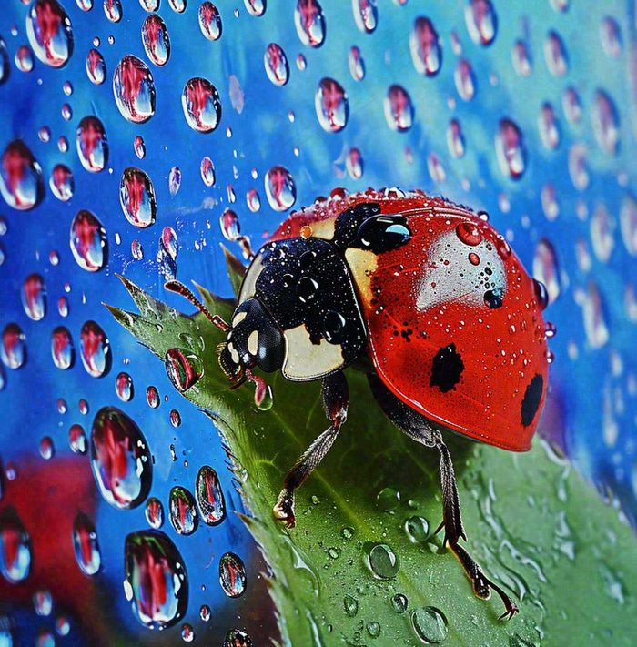 玻璃雨水下的绿叶昆虫七星瓢虫，彩色植物摄影图