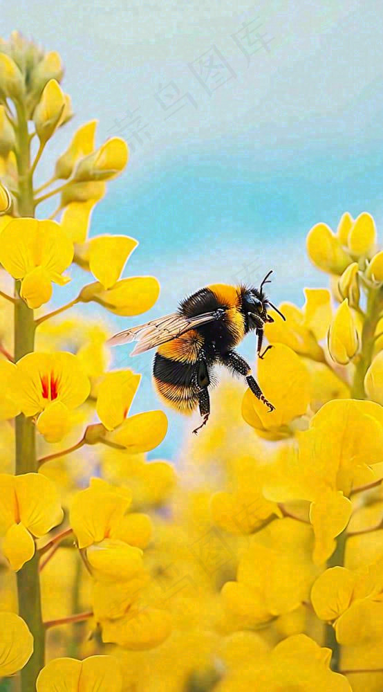 蓝天下蜜蜂在黄色花朵上，春天摄影图