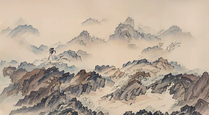 大气写意中国传统工笔画山水插画壁纸-山间仕女