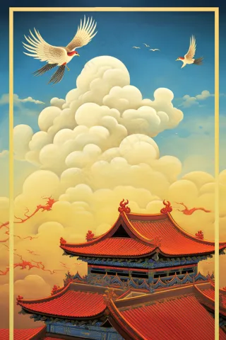 古风插画鹤鸟阁楼凉亭假山插画素材