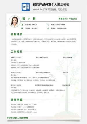 简约产品开发个人简历模板预览图