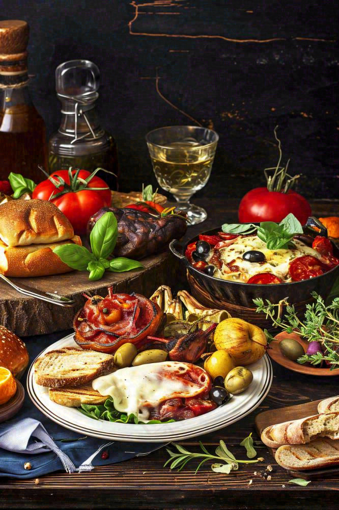 美食餐桌餐厅，烤肉披萨西餐水果红酒摄影图