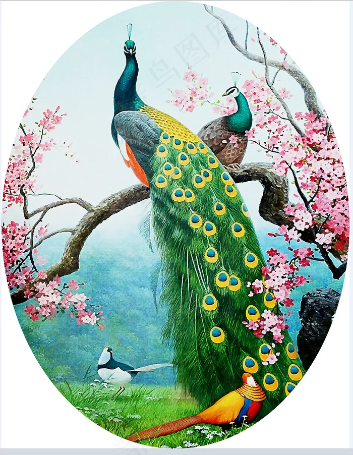 新中式蓝天白云花草树木孔雀装饰画玄关画壁画图画海报模版高清背景图