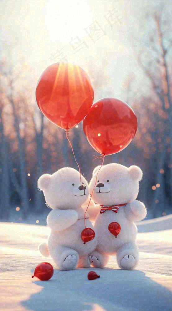 冬天雪地可爱小熊爱情情侣温馨，情人节520爱心摄影图